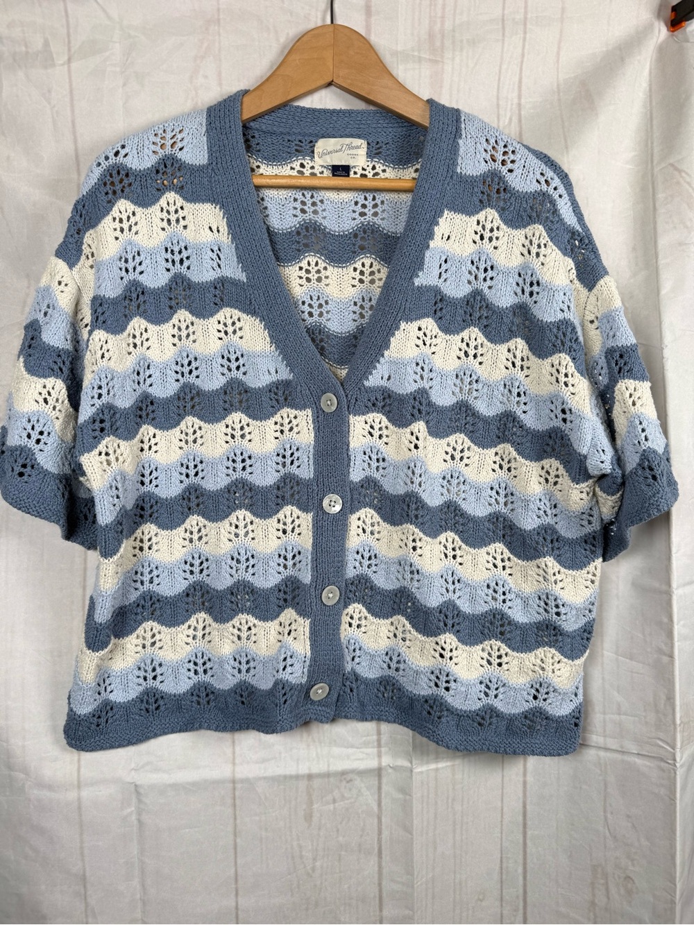Universal Thread Blue Cream Crochet cropped Button Cardigan size L